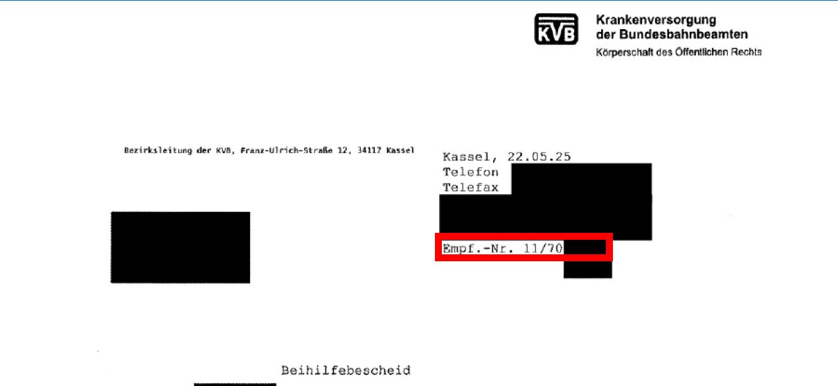 Im Beihilfebescheid, der hier beispielhaft dargestellt ist, finden Sie die Empf&auml;ngernummer, die Sie f&uuml;r die Registrierung ben&ouml;tigen